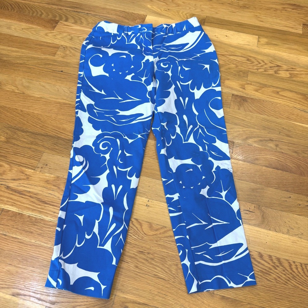 Liz Claiborne Career Emma Classic Blue White Floral Straight Leg Pants Size 4